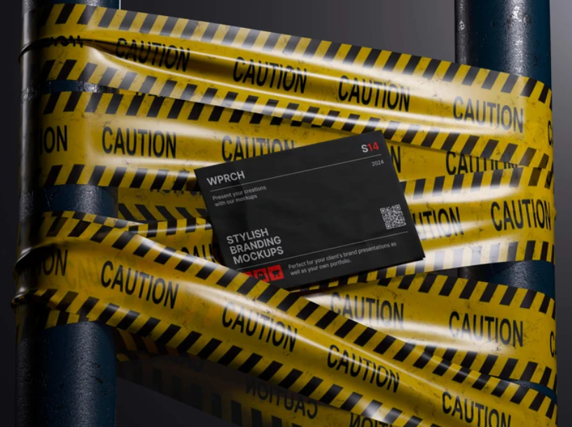 Free Caution Tape Business Card Mockup Urban Bold Style