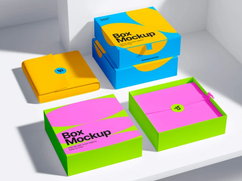 Free Four Box Mockups in Colorful Arrangement
