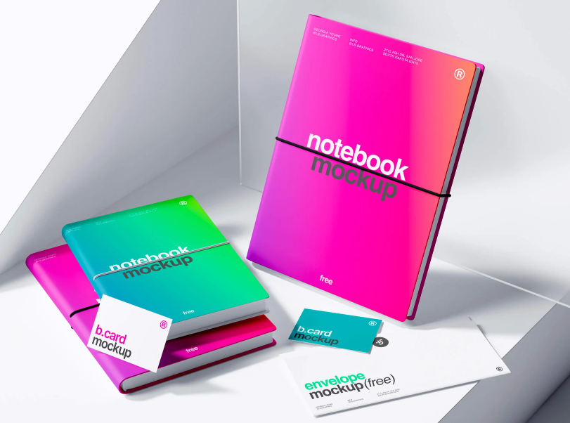 Group of Notebook Business Card and Envelope Mockups