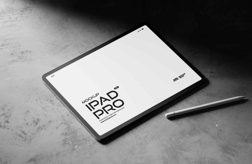 iPad Pro with Pencil Mockup Cinematic Concrete Scene