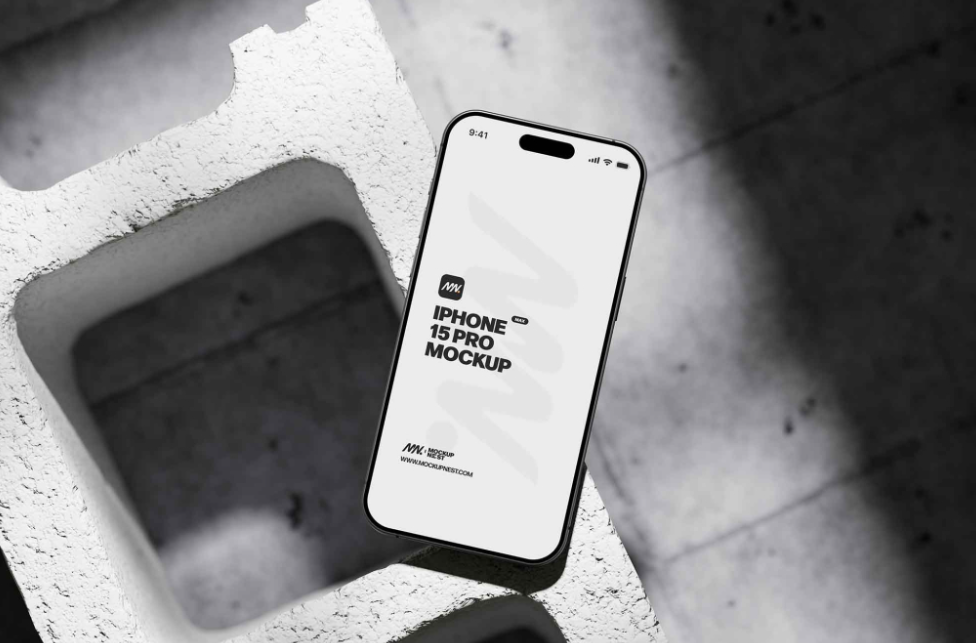 iPhone 15 Pro Grayscale Mockup Artistic Concrete Presentation