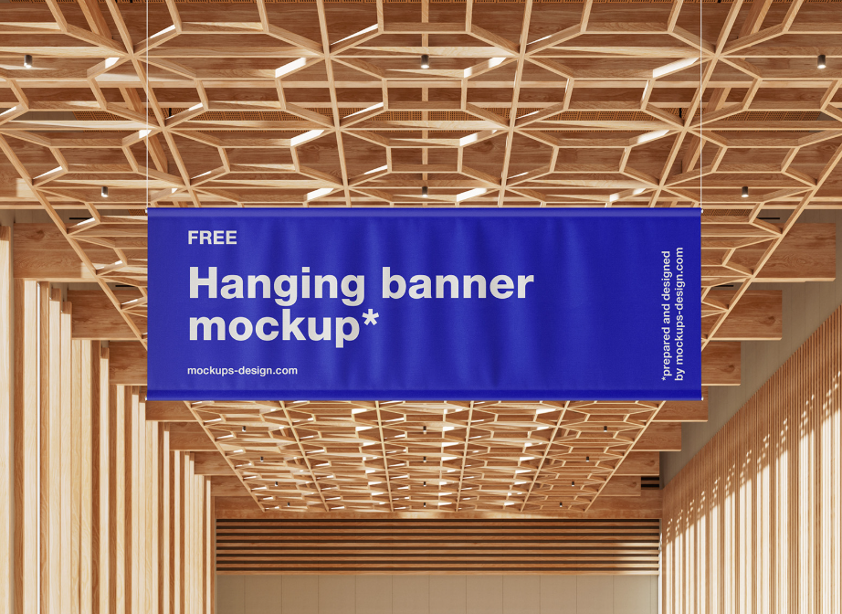 Expo Hall Hanging Banner Mockup Wood & Concrete Modern Elegance