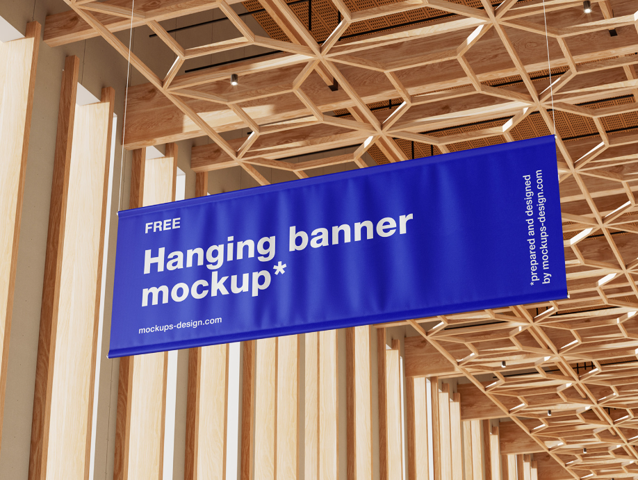 Expo Hall Hanging Banner Mockup Wood & Concrete Modern Elegance