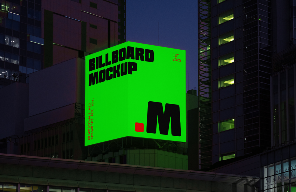 Big Corner Billboard PSD Mockup Showcase Your Designs in a Realistic Urban Setting 