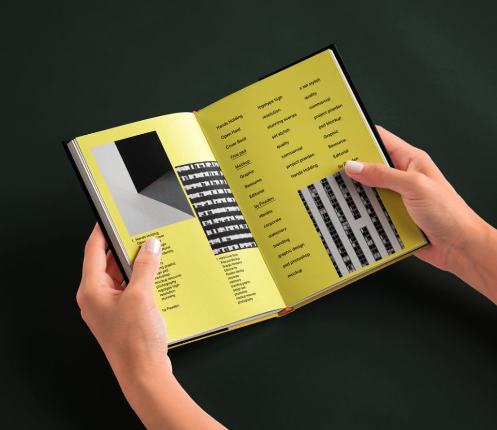 Hands Holding Open Hard cover Book PSD Mockup