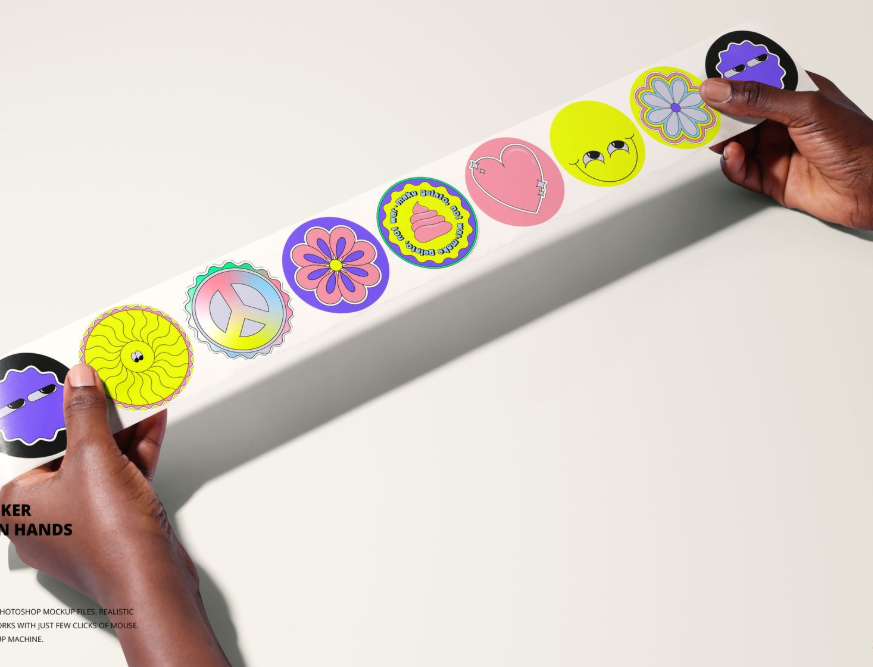 Round Sticker Tape Held in Hands PSD Mockup