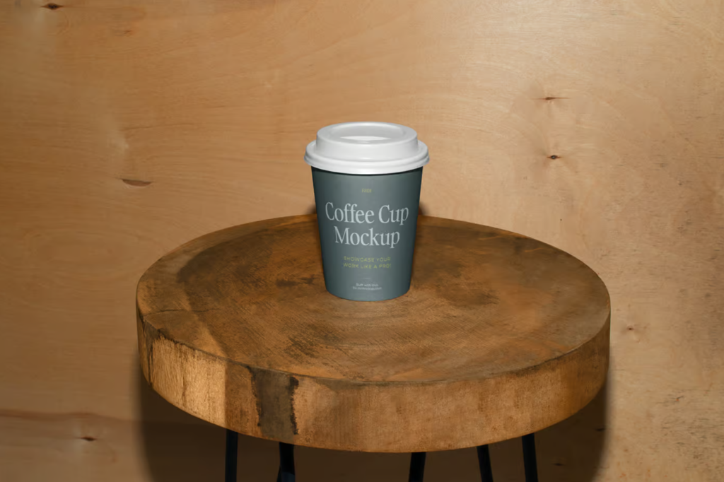 Coffee Cup on the Wooden Stool Mockup