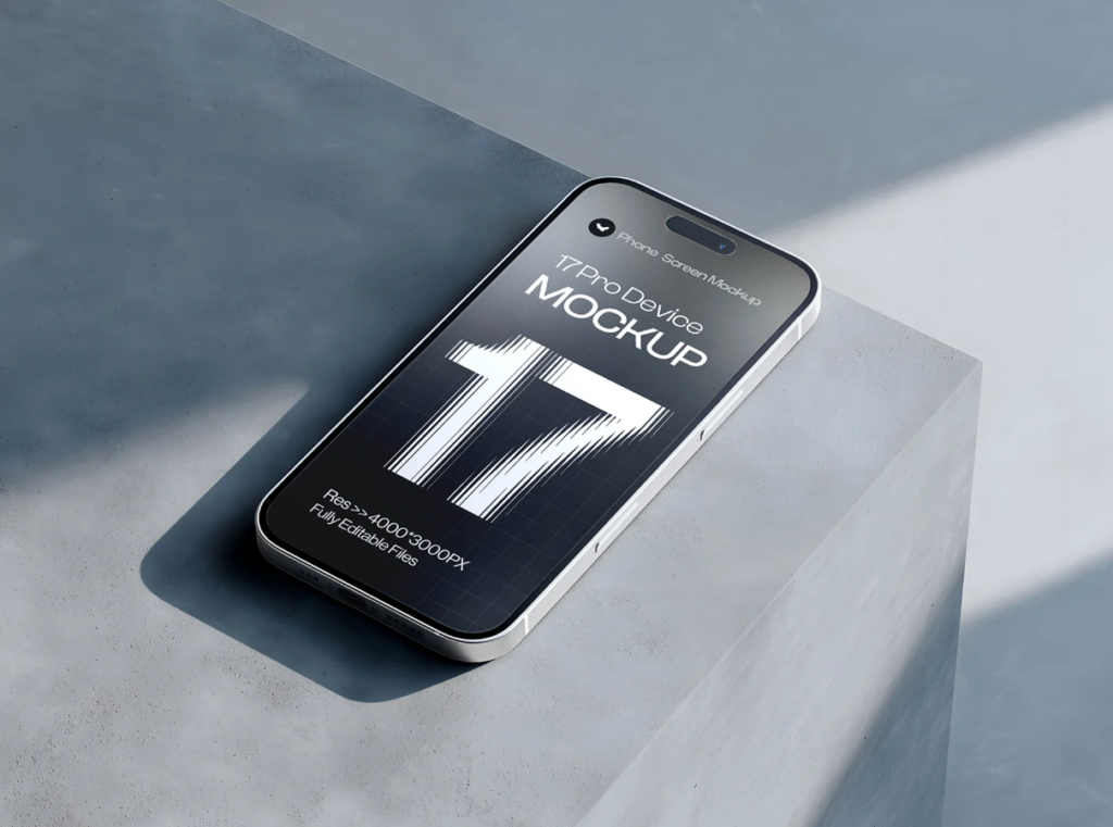 iPhone 17 Pro Mockup Set on White Concrete Background
