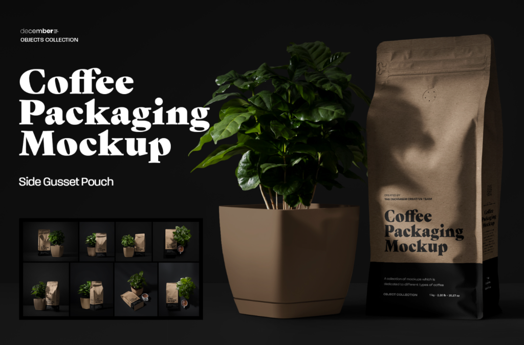 9 coffee Packaging Mockups + 1 Free Professional Side Gusset coffee Bag Presentation Set