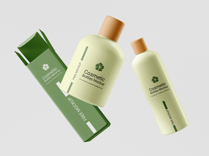 Floating cosmetic Bottles with Box Mockup for Beauty Branding