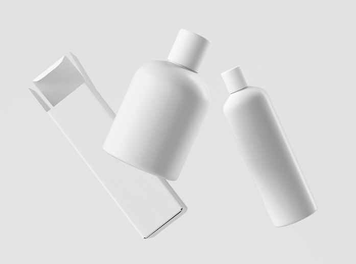 Floating cosmetic Bottles with Box Mockup for Beauty Branding